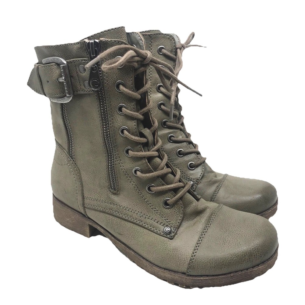G By Guess Borra Combat Boots Womens 6.5 Gray Side Zip Lace Up Y2K Utility Army